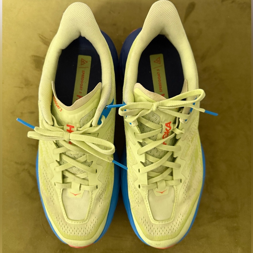 Hoka Running Shoes - Neon Yellow with Blue and Coral Accents - Picture 3 of 4
